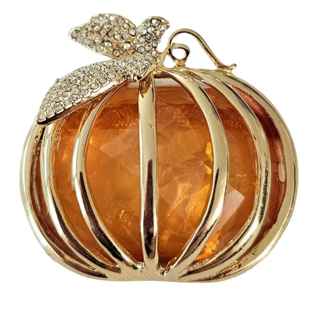 Napier Gold-Tone Caged Orange Resin Pumpkin Rhinestone Leaf Brooch Signed, L98 - Picture 8 of 8